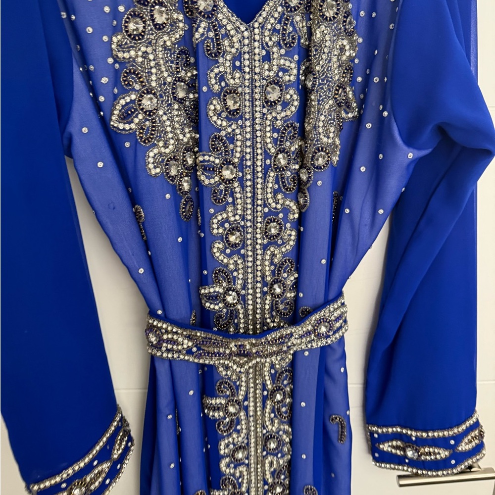 Embellished Royal Blue Evening Kaftan Dress with Beaded Detail - Picture 2 of 6